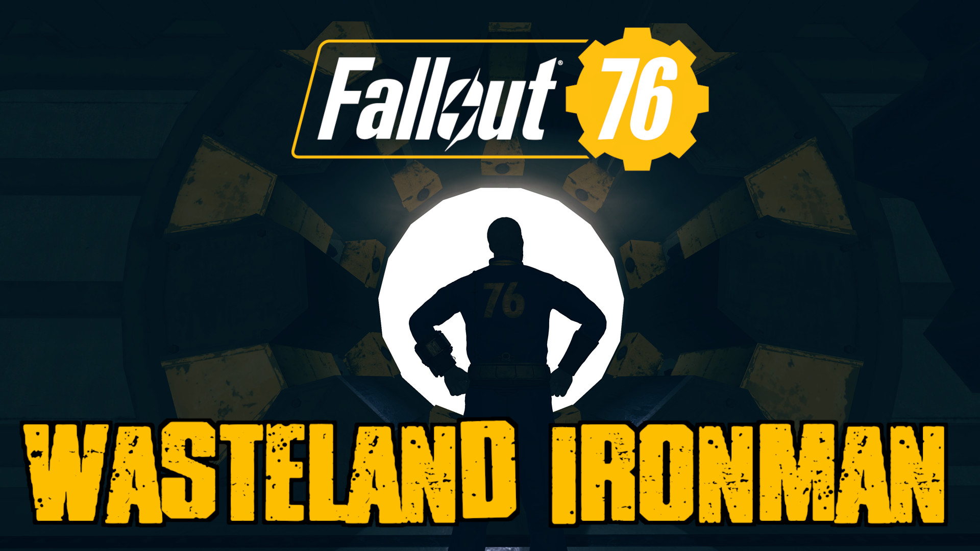 Promotional banner featuring the silhouette of a Vault Dweller seen from behind, standing with hands on hips inside a dark, open Vault gear door. The bright white light of the outside world shines behind them, illuminating their Vault 76 jumpsuit. At the top of the image is the official yellow and white 